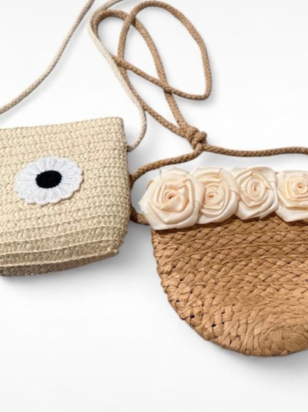 Woven Straw Crossbody Bags with Floral Accent - Cream & Tan